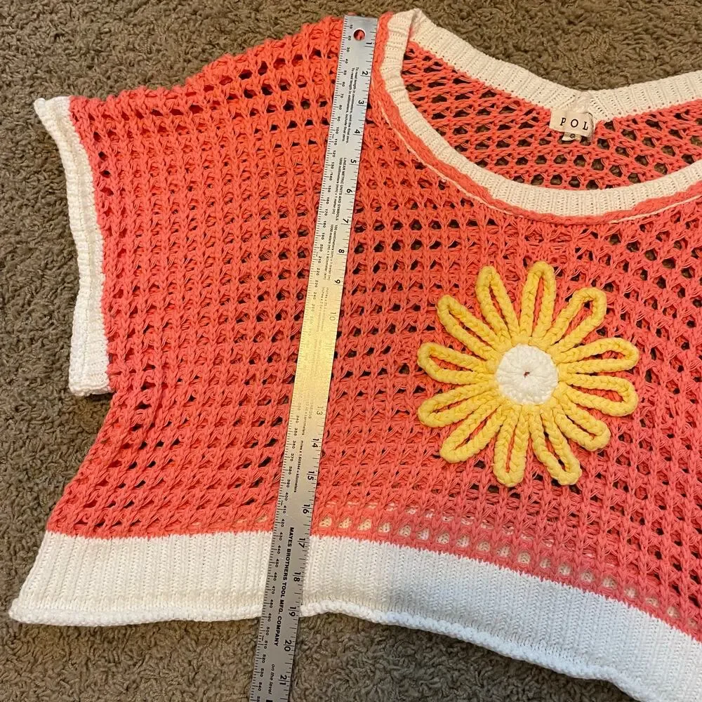 POL Flower Open Knit Crochet Sweater Daisy orange sz S - Picture 10 of 14